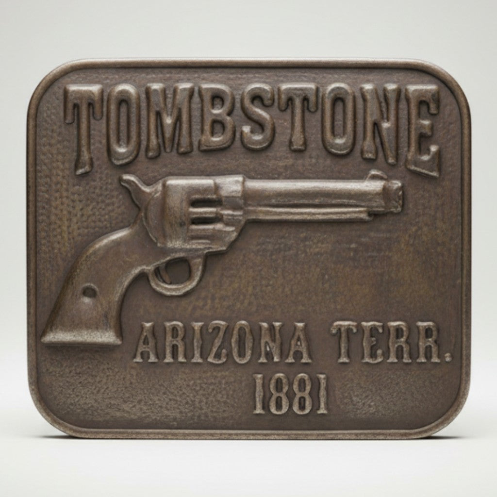 Jones Peak Tombstone Arizona Territory 1881 metal tag with embossed revolver and text. Hand-antiqued finish.