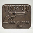 Jones Peak Tombstone Arizona Territory 1881 metal tag with embossed revolver and text. Hand-antiqued finish.
