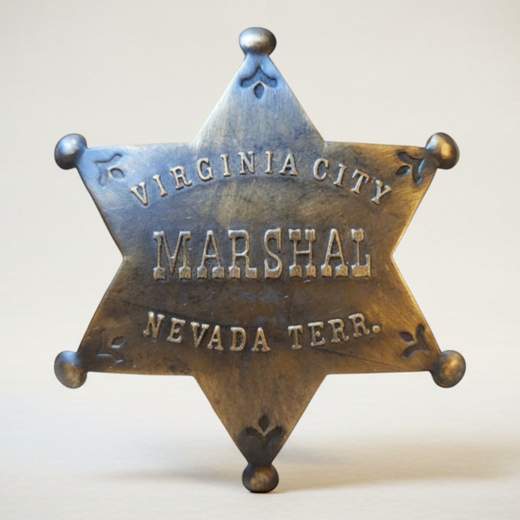 Jones Peak Virginia City Nevada Territory Marshal solid brass star badge, hand-antiqued finish.