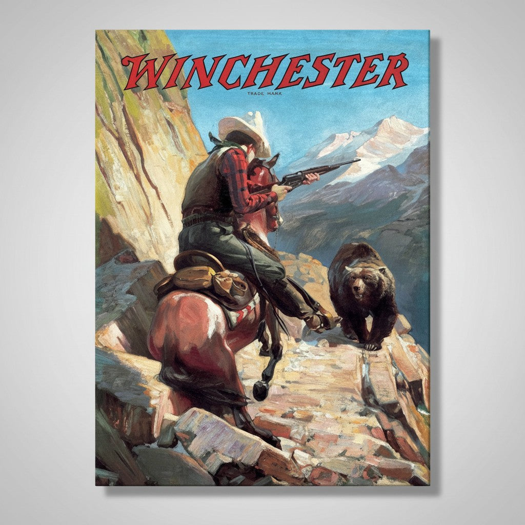 Jones Peak Winchester Bear metal sign featuring a vintage mountain scene with a hunter on horseback and a bear.
