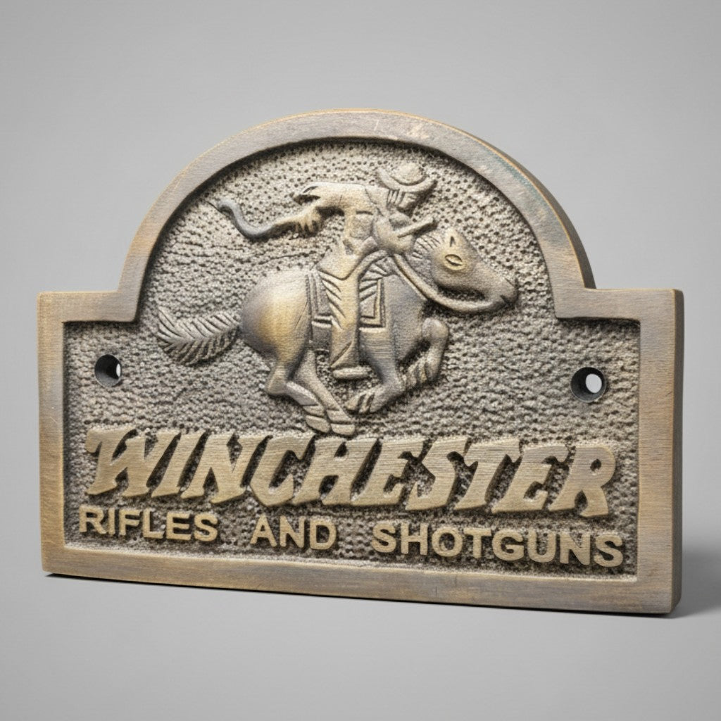 Jones Peak solid brass Winchester 1866 plaque with antique patina, featuring a cowboy on horseback and raised text.