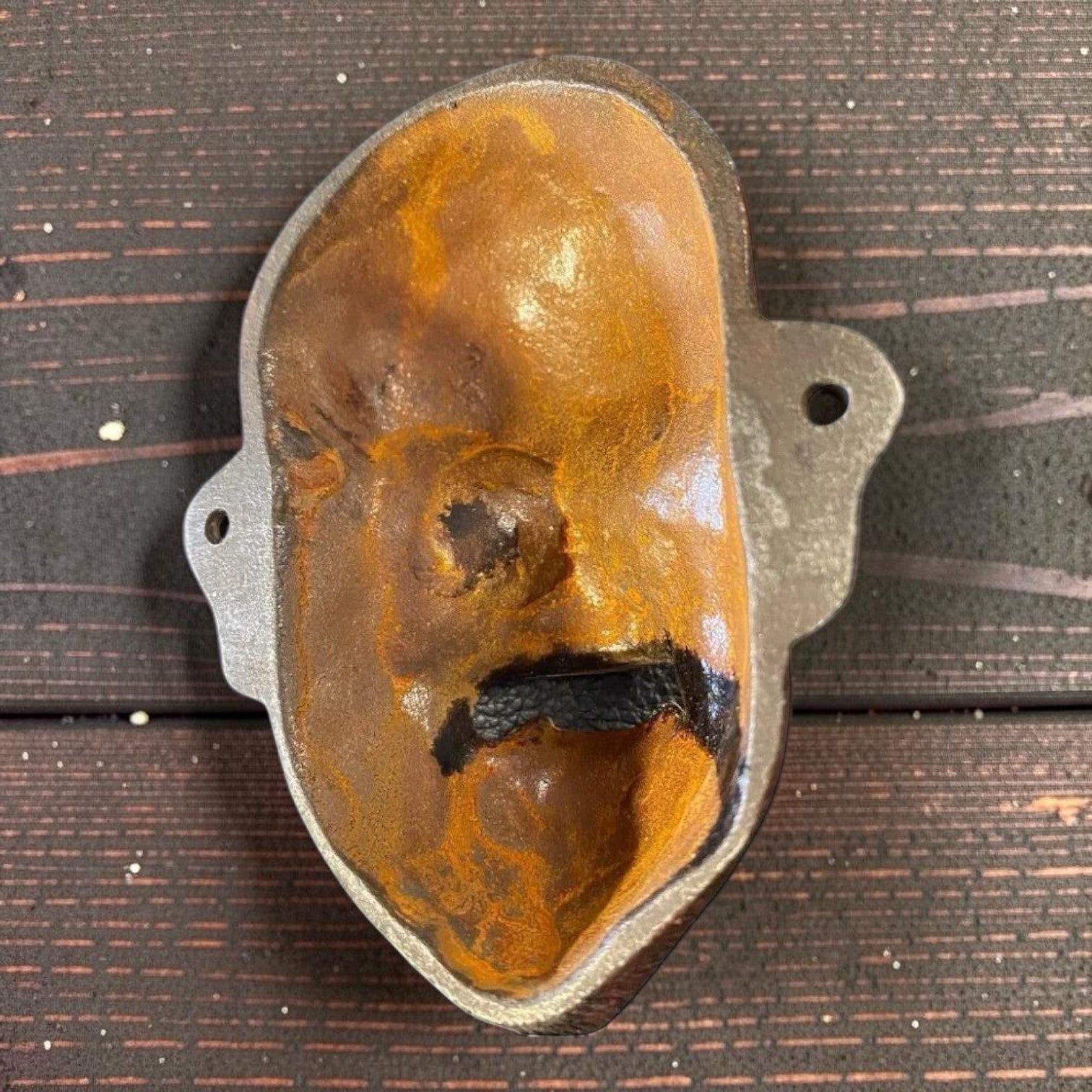 Jones Peak Wolfman cast iron wall bottle opener, antiqued finish, vintage character for home bars, garages, kitchens, or patios.