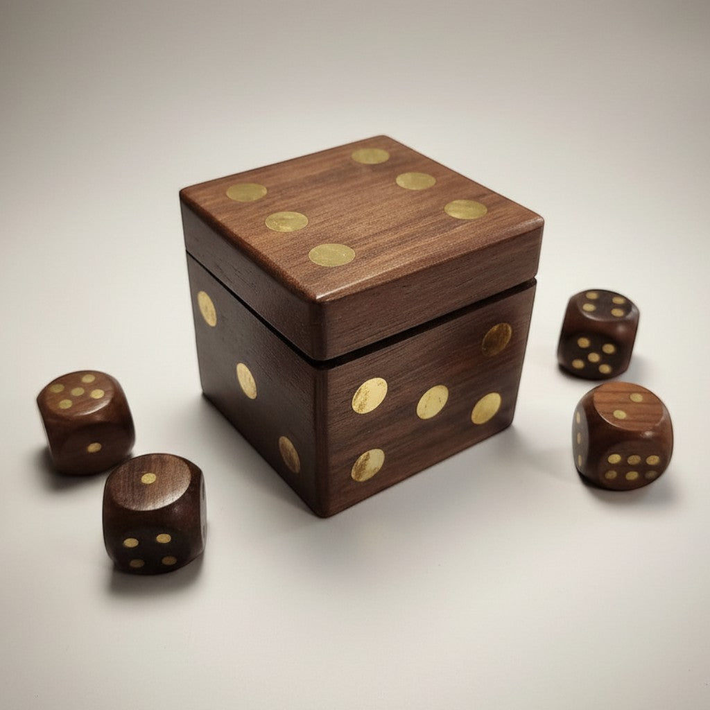 Jones Peak wood dice box with brass inlay and set of 4 dice. Features a vintage, distressed finish.