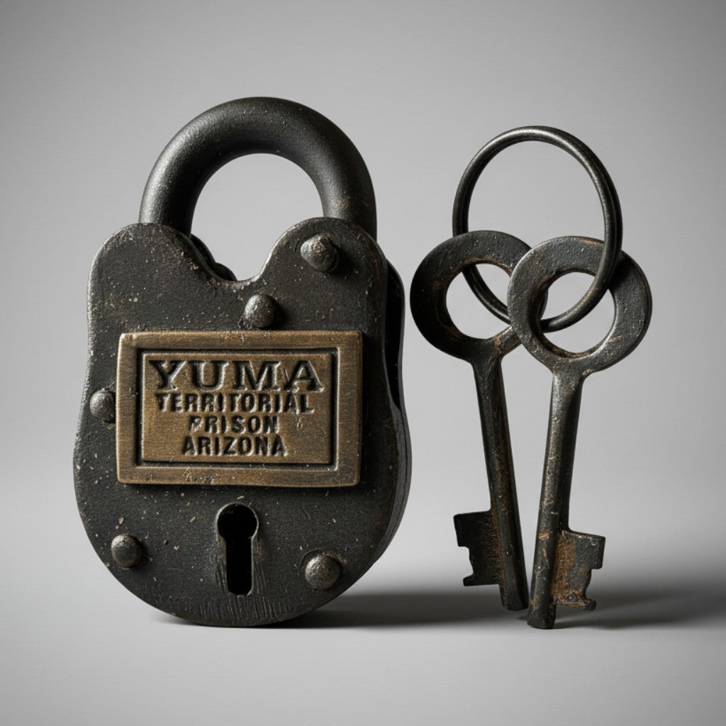 Jones Peak antiqued cast iron Yuma Territorial Prison lock with brass tag and two matching skeleton keys.