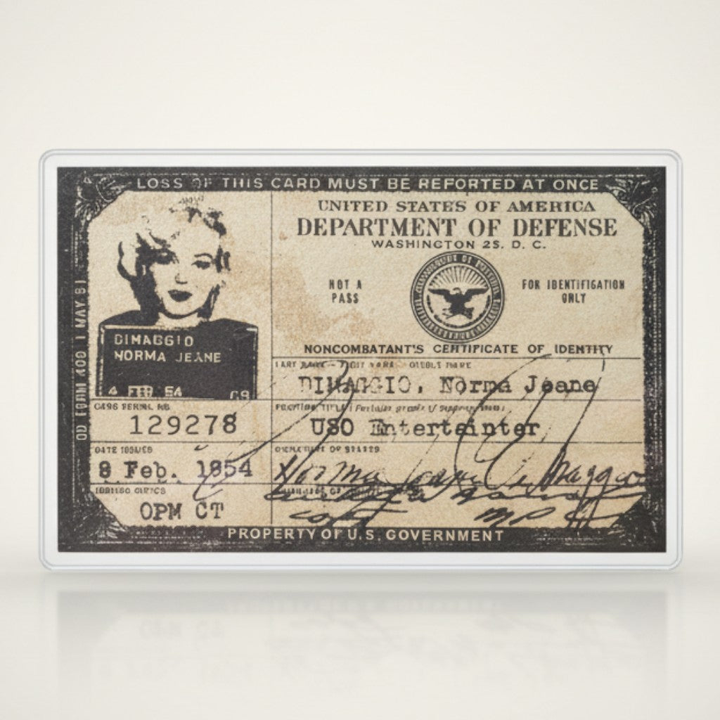 Jones Peak vintage 1954 USO ID card for Norma Jeane DiMaggio, a USO entertainer, with a black and white photo.