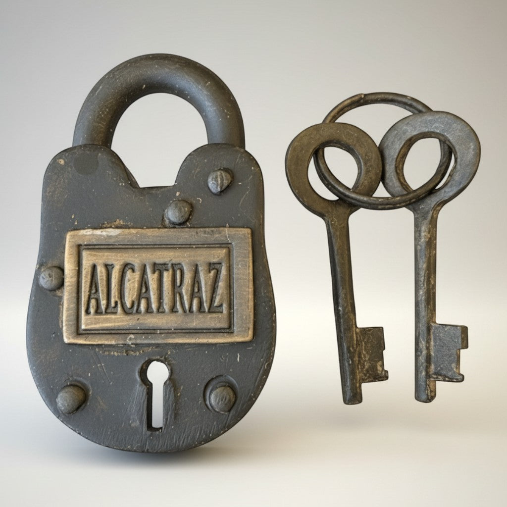Jones Peak Alcatraz prison cast iron lock with two antique keys. Features distressed finish and 'ALCATRAZ' embossed plate.