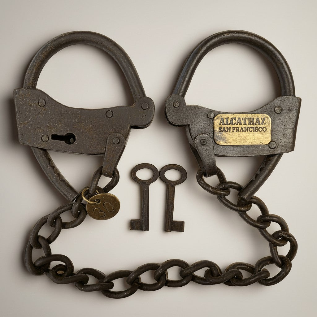 Jones Peak Alcatraz style iron handcuffs with chain and two keys, antique finish, decorative reproduction.