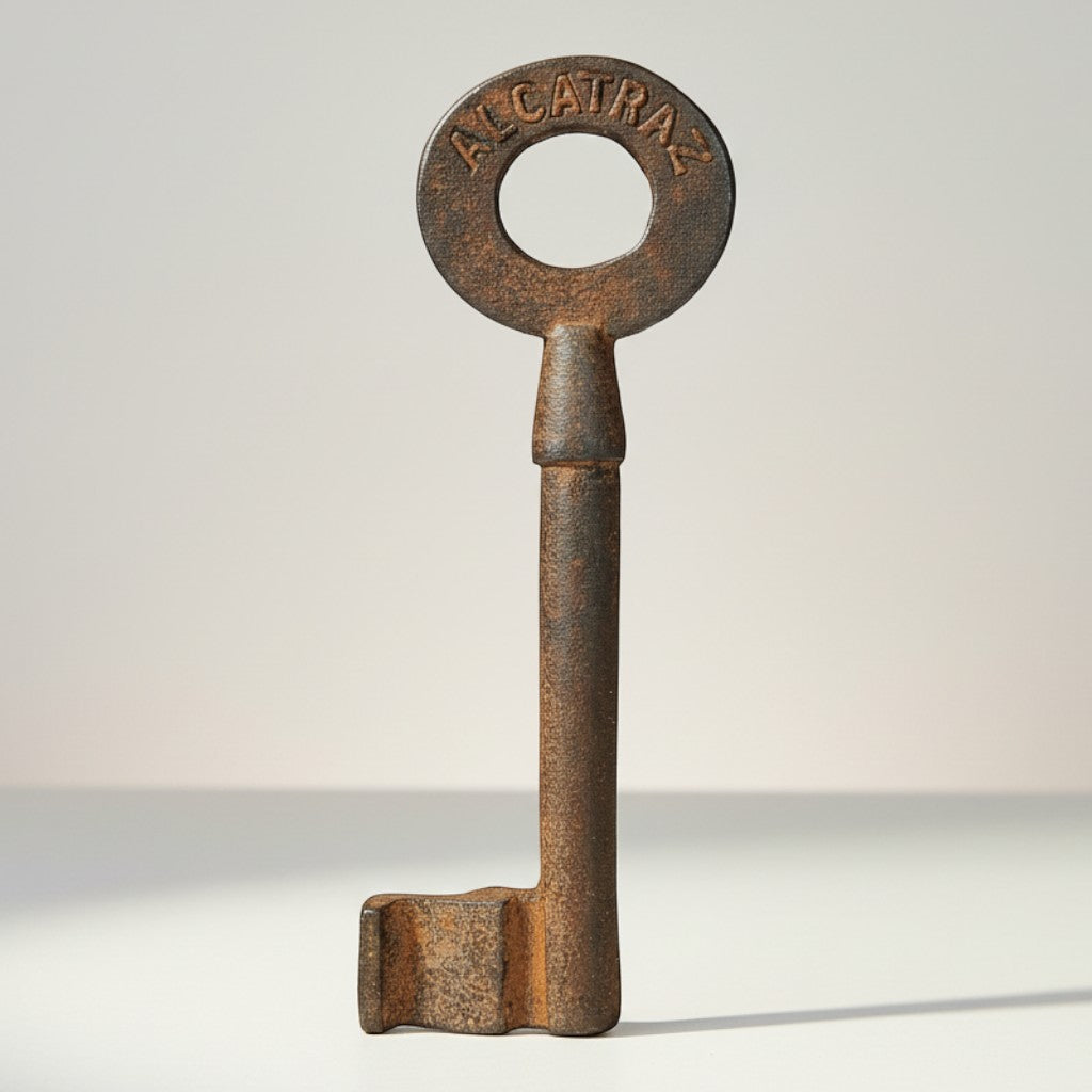 Jones Peak Alcatraz Prison San Francisco cast iron cell key with antique finish, 5" long.