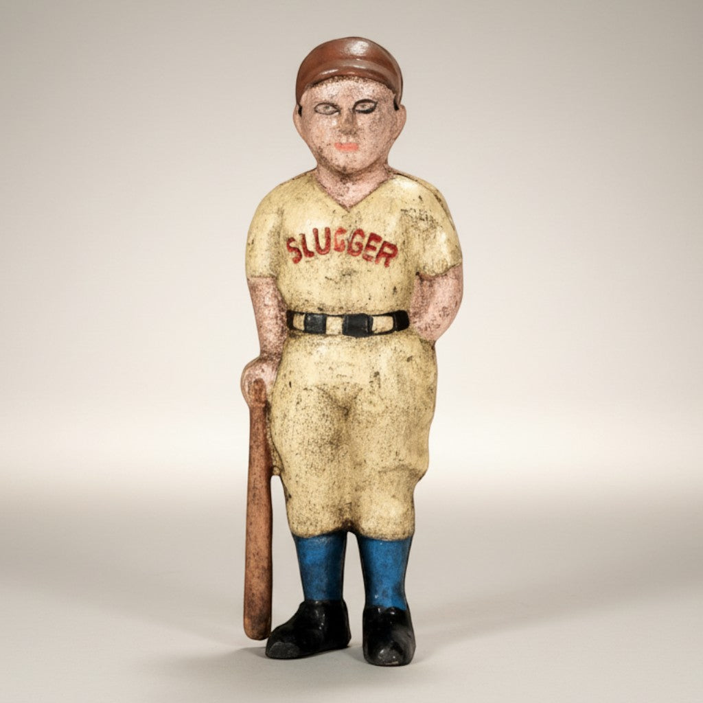 Jones Peak Baseball Slugger cast iron coin bank, hand-painted antique patina, cream uniform with red "SLUGGER" text, black belt, blue socks, black shoes, holding baseball bat.