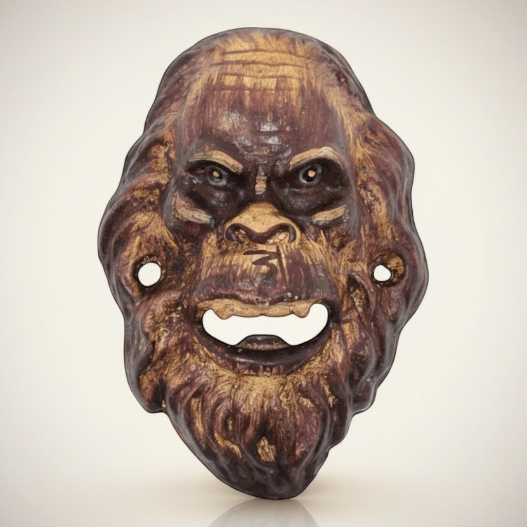 Jones Peak Bigfoot Sasquatch cast iron wall bottle opener with a distressed brown and gold finish. Features a detailed face with holes for mounting.