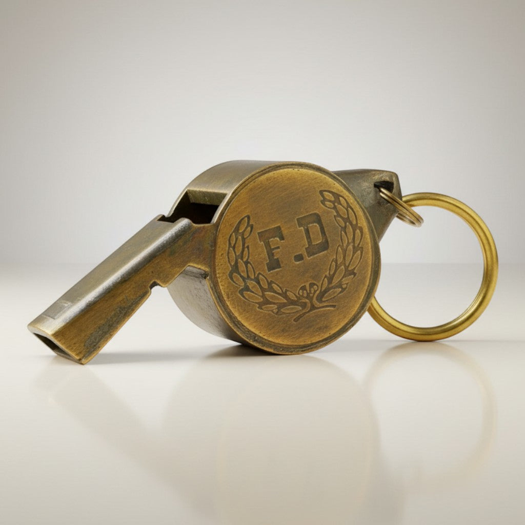 Jones Peak solid brass fire department whistle with raised F.D. and laurel wreath detail, hand-antiqued finish.