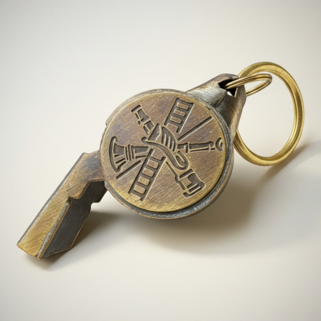 Jones Peak solid brass whistle with antique patina finish, featuring a fire department emblem. Ideal for collections and props.