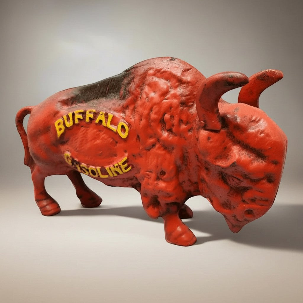 Jones Peak Buffalo Gasoline cast iron coin bank with raised lettering and antique painted finish.
