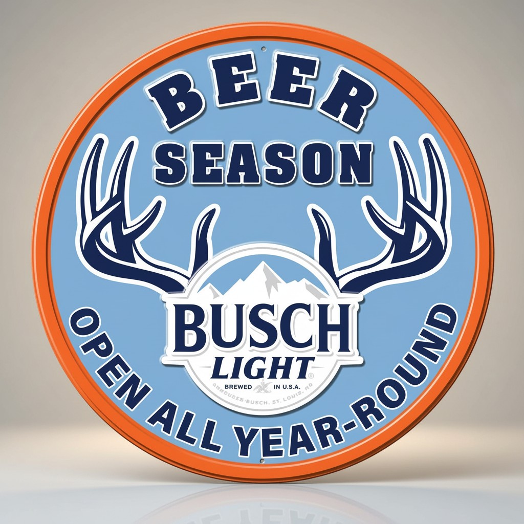 Jones Peak round metal sign with Busch Light logo, antlers, and text "BEER SEASON OPEN ALL YEAR-ROUND".