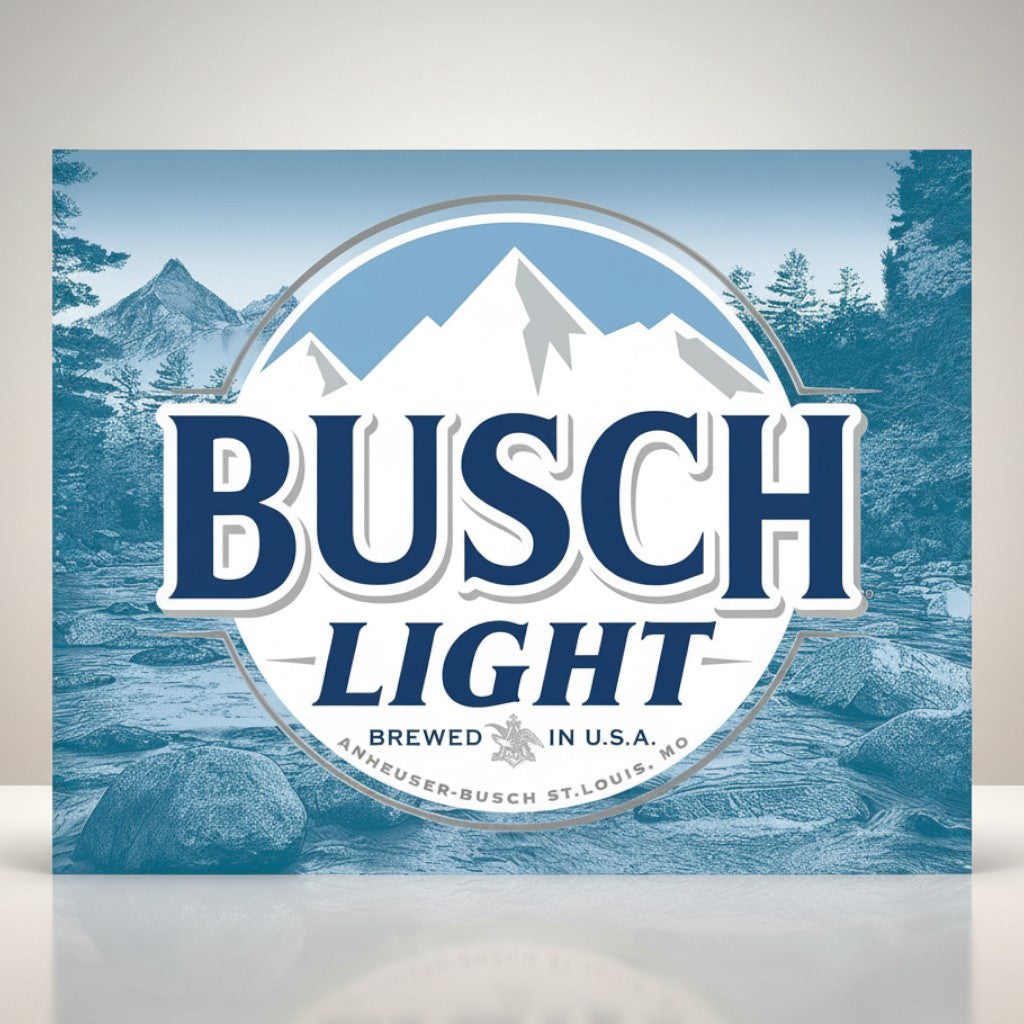 Jones Peak Busch Light logo metal sign with mountains and river graphic. Features blue and white text.