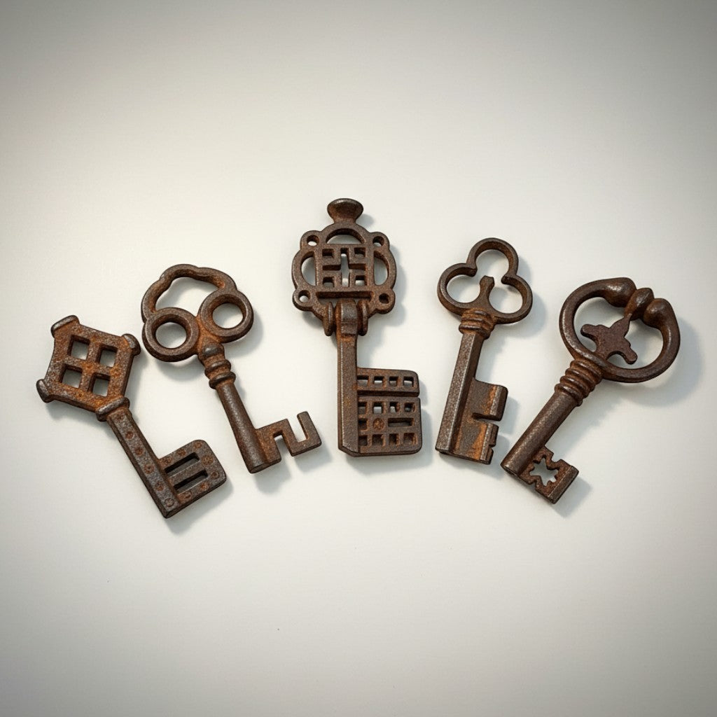 Jones Peak set of 5 antique cast iron medieval keys with distressed finish, 3.5"-4.25" long.