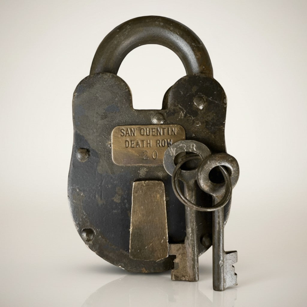 Jones Peak San Quentin Death Row cast iron padlock with two keys. Antique, distressed finish.