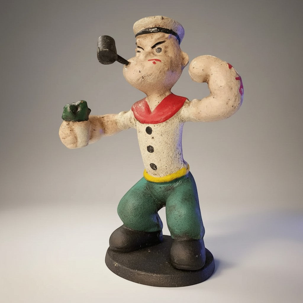 Jones Peak cast iron figurine of Popeye the Sailor with spinach, wearing a white sailor hat, red collar, white shirt with black buttons, green pants, and black shoes. He is holding a can of spinach and smoking a pipe.