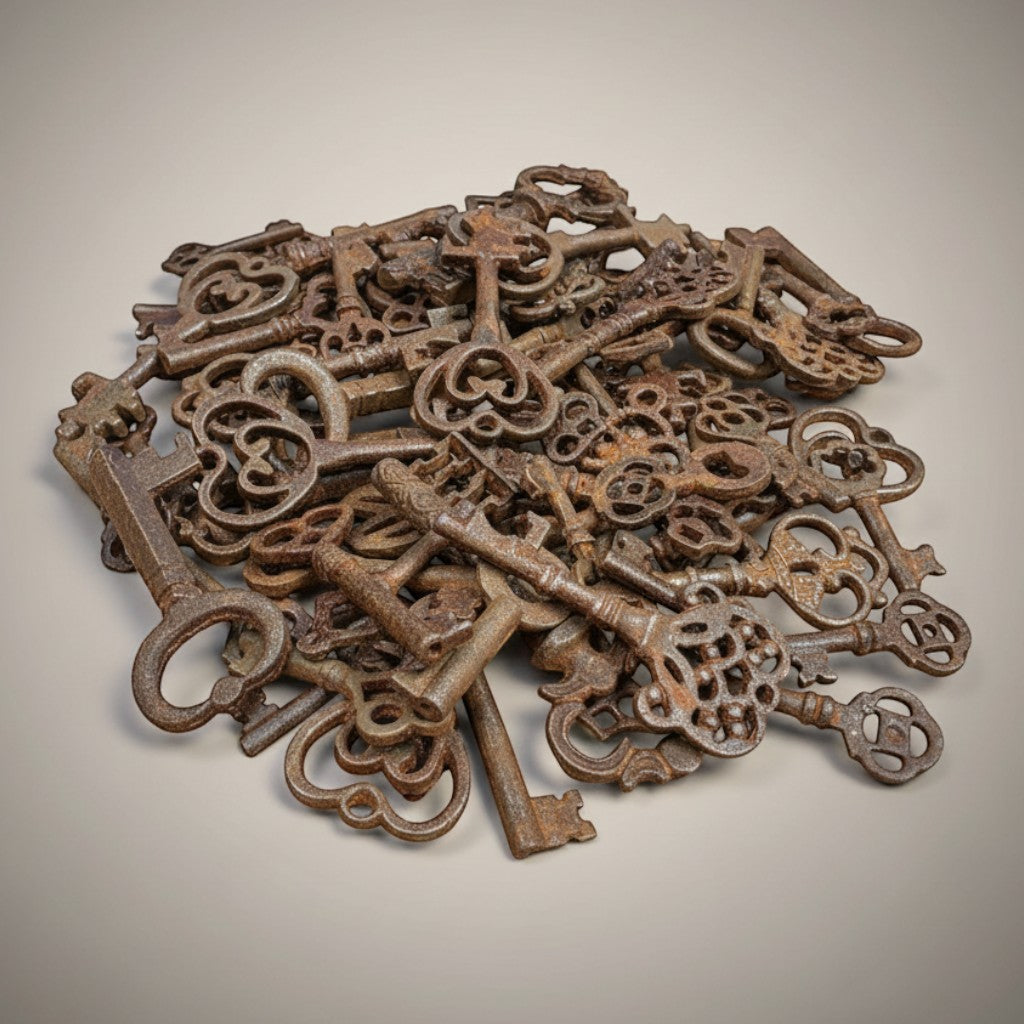 Jones Peak assorted cast iron skeleton keys with a distressed antique finish, ideal for decor and crafts.