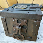 Jones Peak railroad route cast iron strong box with brass tag, featuring a distressed finish and decorative latch.