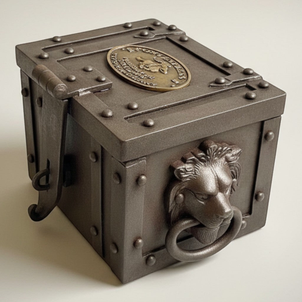 Jones Peak Pony Express 1860 cast iron strong box with antique finish, lion head handle, and brass tag.