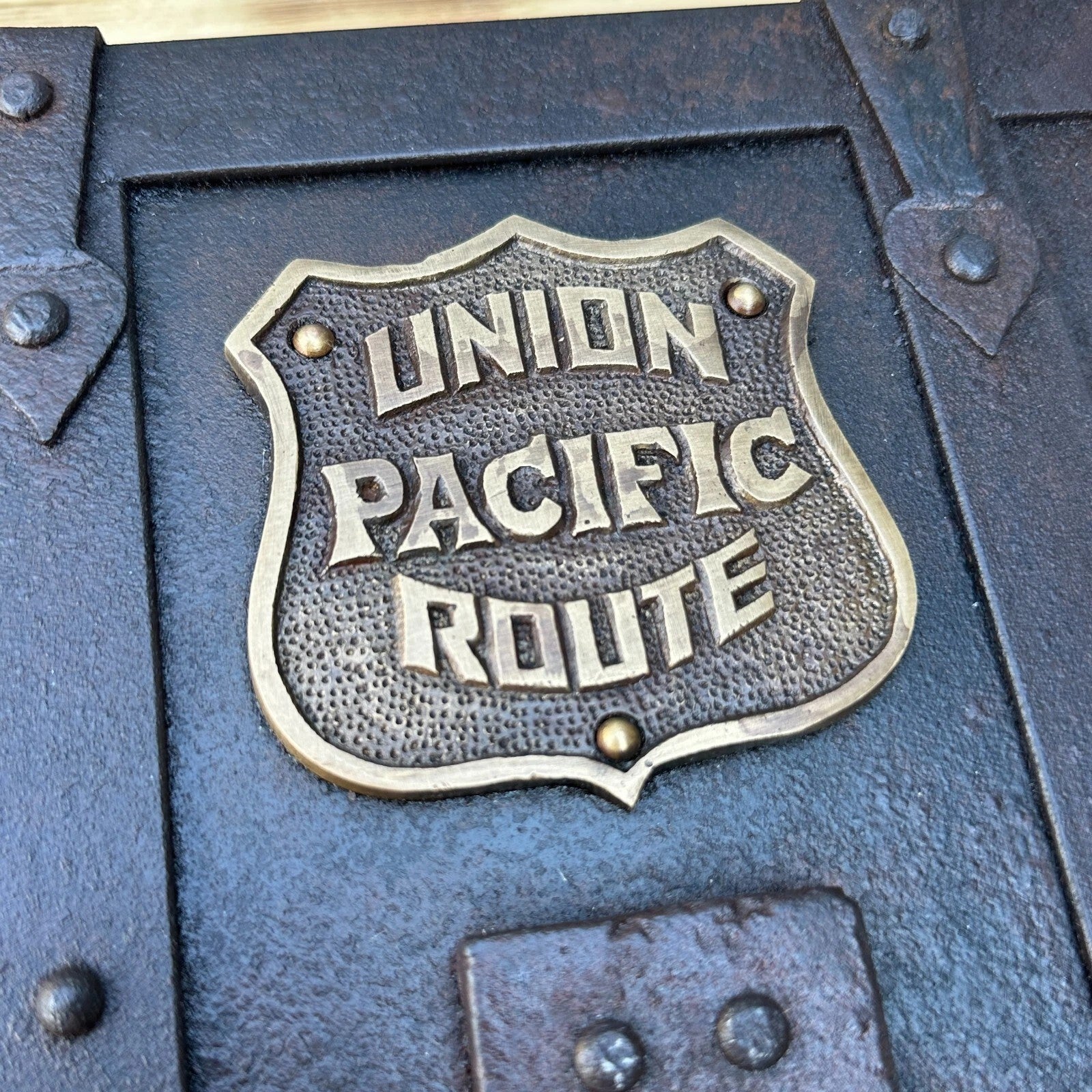 Jones Peak Union Pacific Route cast iron strong box with brass tag, distressed finish, decorative storage.