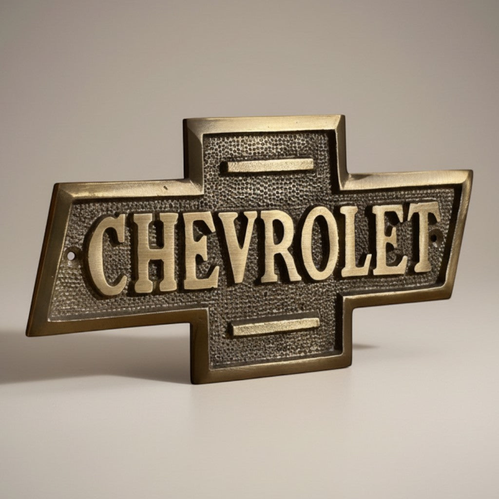 Jones Peak solid brass Chevrolet embossed plaque with antique patina finish, perfect for garages or collector displays.