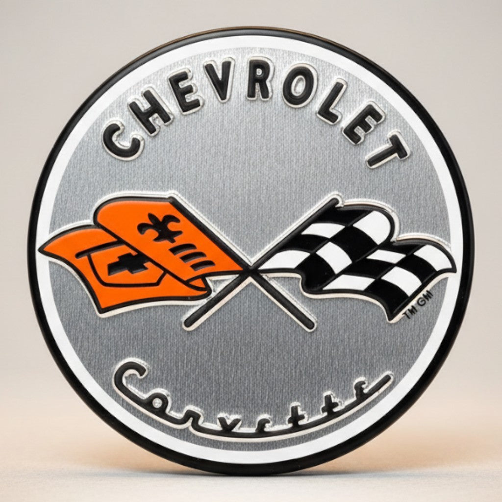 Jones Peak Chevrolet Corvette round embossed metal magnet with checkered and orange flags.