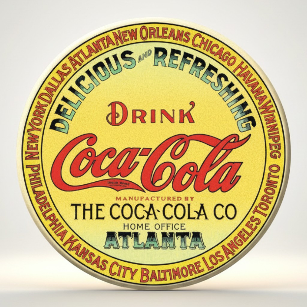 Jones Peak Coca-Cola Keg Vintage Label Magnet, round, yellow with red Coca-Cola logo and text listing cities.