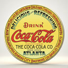 Jones Peak Coca-Cola Keg Vintage Label Magnet, round, yellow with red Coca-Cola logo and text listing cities.