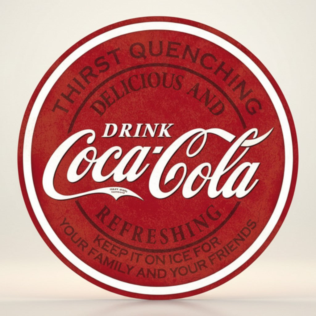 Jones Peak Coca-Cola round metal sign with vintage distressed red finish and white lettering.