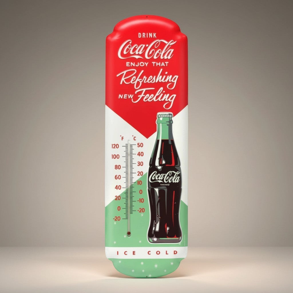 Jones Peak Coca-Cola thermometer with embossed metal design, featuring a classic bottle and thermometer scale.