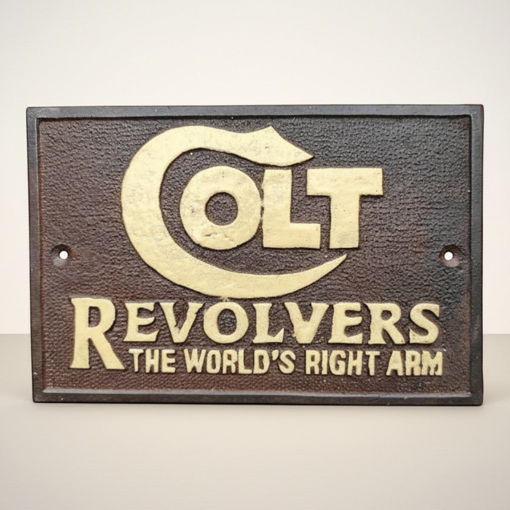 Jones Peak Old West Colt Revolvers cast iron plaque with antique finish and raised gold lettering.