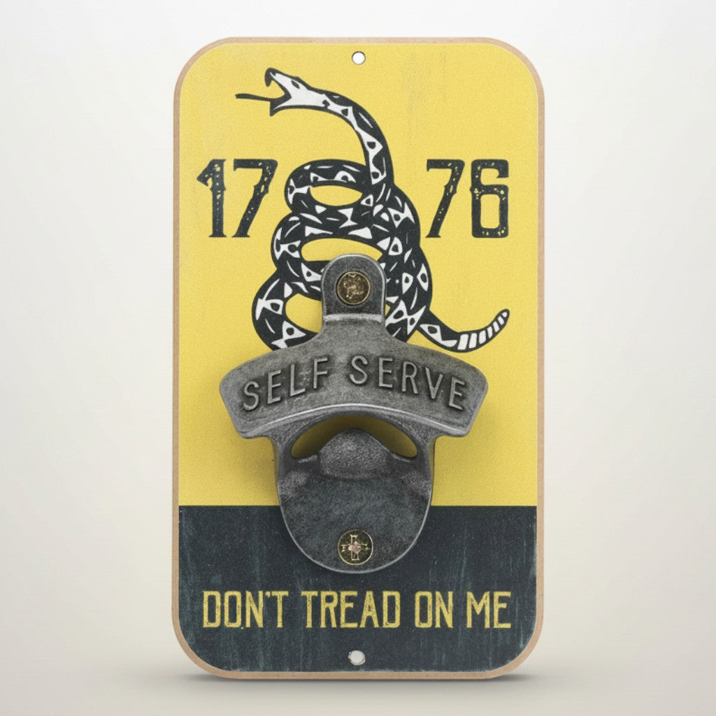 Jones Peak Don't Tread on Me 1776 wooden wall bottle opener with metal opener and 'Self Serve' text.