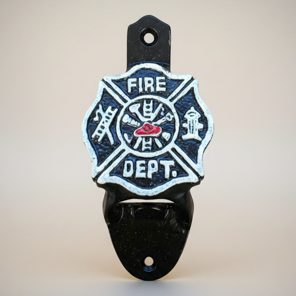Jones Peak Fire Department cast iron wall bottle opener with Maltese cross design. Black with white and red details.