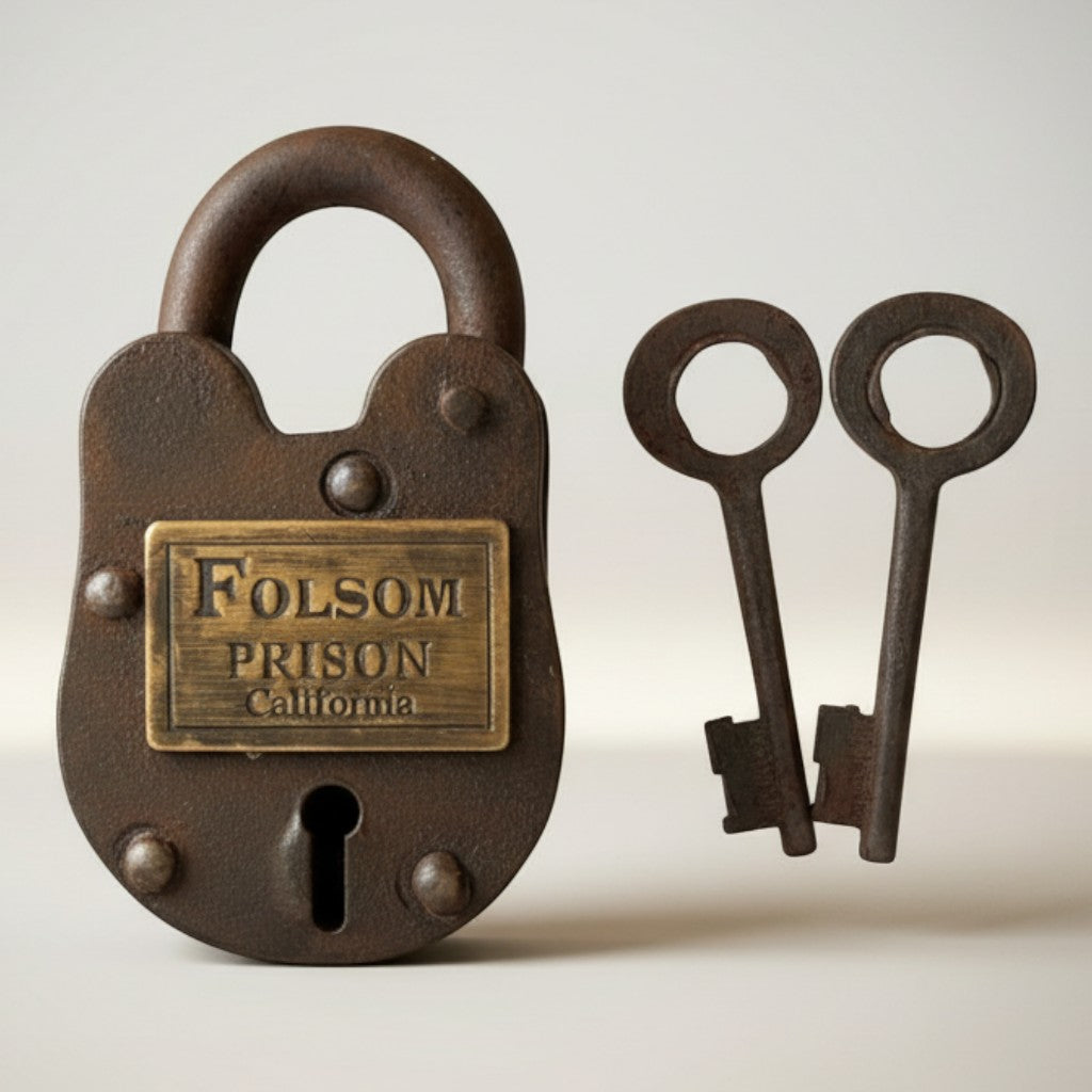Jones Peak Folsom Prison style cast iron padlock with two antique keys, featuring a distressed rust finish and brass plaque.