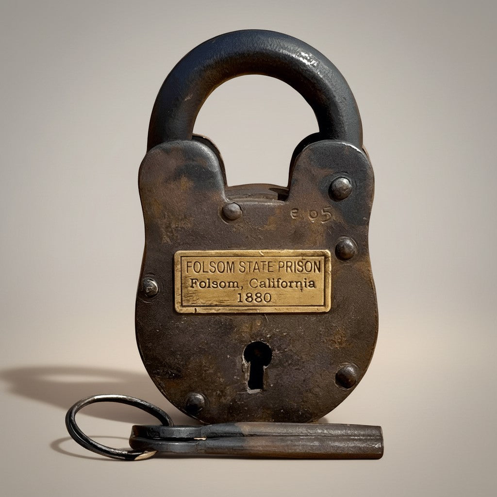 Jones Peak Folsom State Prison cast iron lock with brass tag and keys, 1880. Antique distressed finish.