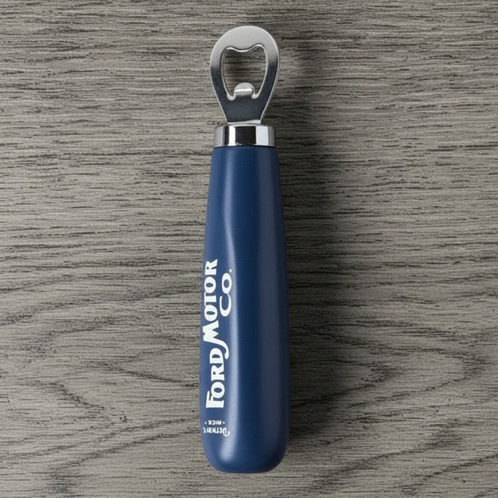 Jones Peak Ford Motor Company blue hardwood bottle opener with metal top, perfect for home bars and garages.