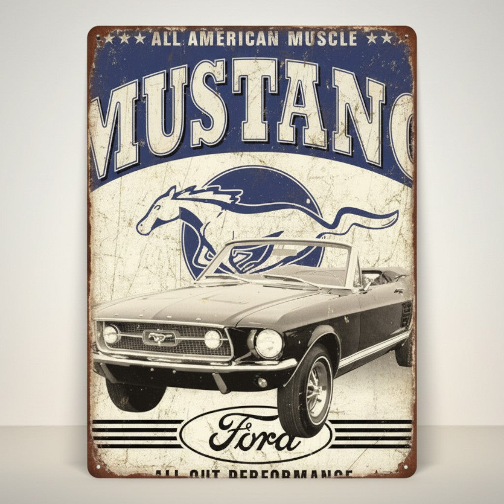 Jones Peak Ford Classic Mustang convertible metal sign with running horse logo and distressed vintage look.
