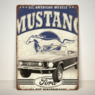 Jones Peak Ford Classic Mustang convertible metal sign with running horse logo and distressed vintage look.