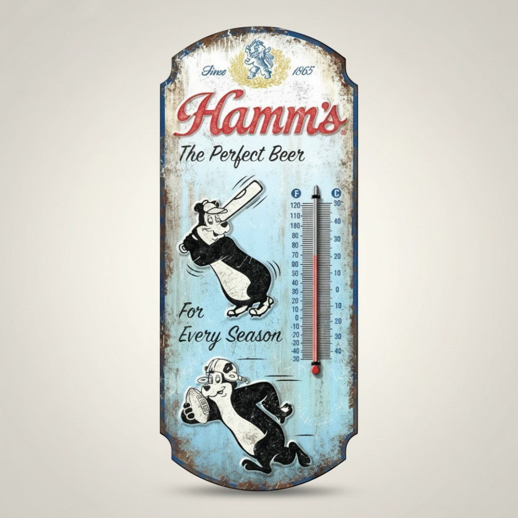 Jones Peak Hamm's Perfect Beer embossed metal thermometer with vintage cartoon bears playing baseball and football. Blue distressed finish.