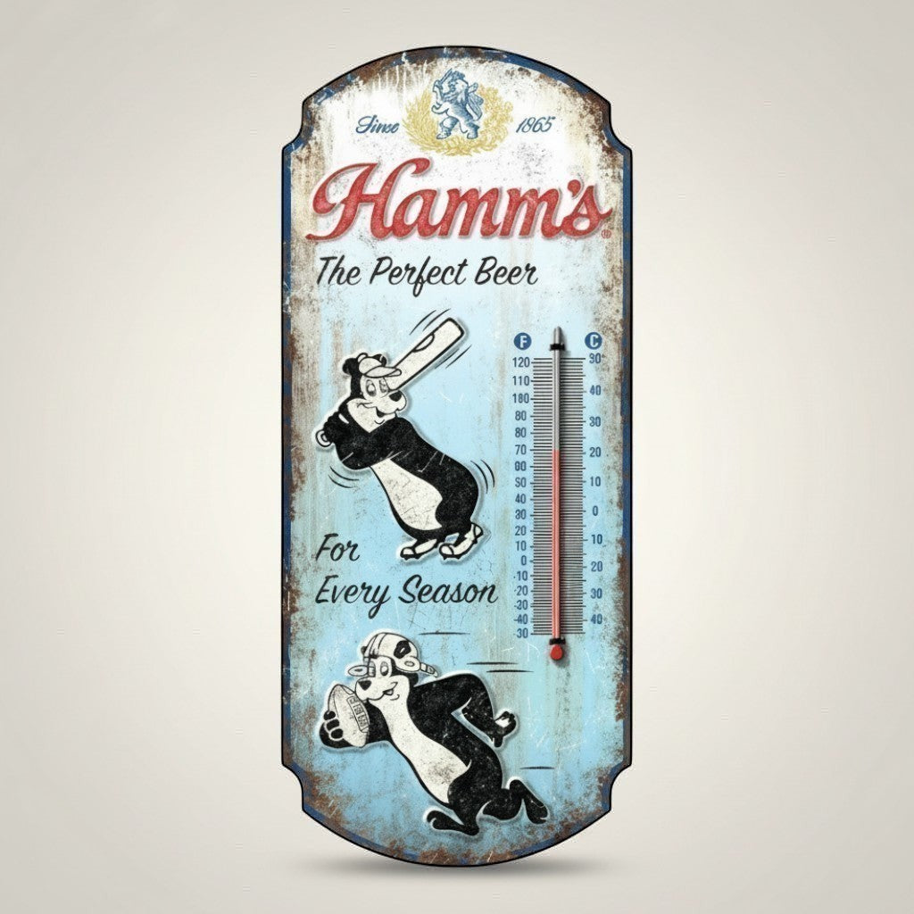 Jones Peak Hamm's Perfect Beer embossed metal thermometer with vintage cartoon bears playing baseball and football. Blue distressed finish.