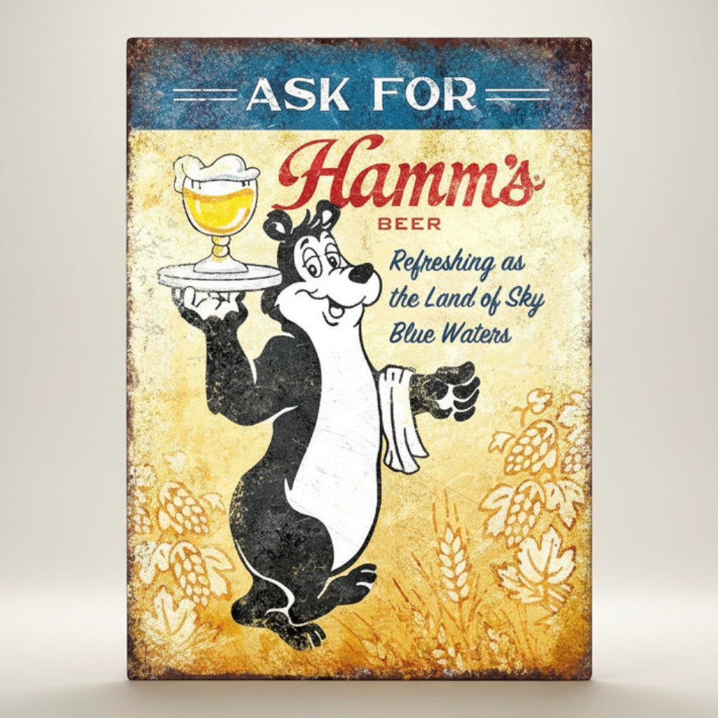Jones Peak Hamms Beer metal sign with cartoon bear serving a glass of beer. Vintage distressed look.