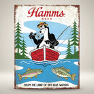 Jones Peak Hamms Beer fishing metal sign with cartoon otter in a boat catching fish. Rustic metal sign.