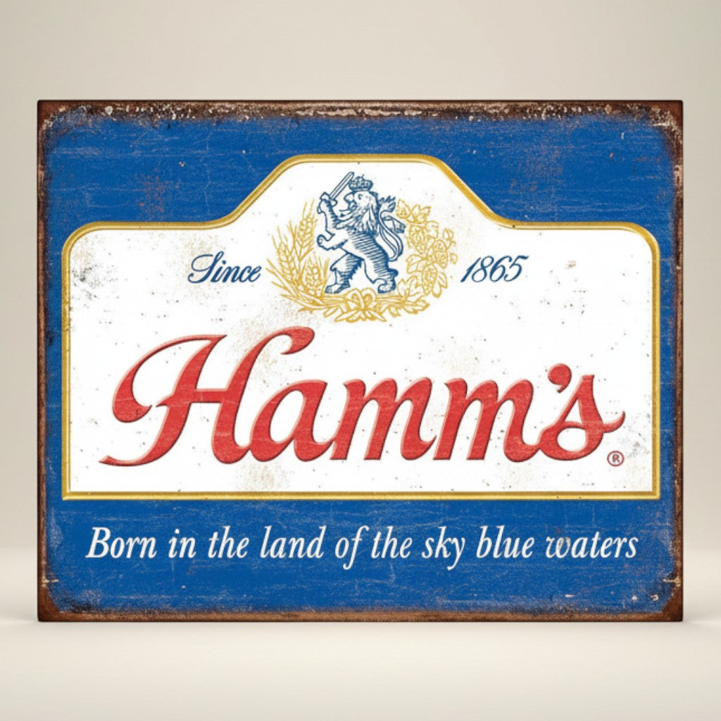 Jones Peak Hamm's Sky Blue Waters metal sign with distressed blue border and white center featuring red Hamm's logo and vintage text.