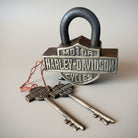 Jones Peak Harley-Davidson solid brass lock with keys, antiqued finish, for display and decor.