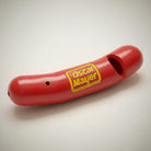 Jones Peak red plastic hot dog novelty whistle with Oscar Mayer logo, a fun retro collectible.