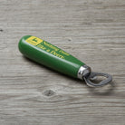 Jones Peak John Deere green hardwood bottle opener with "Nothing runs like a Deere" slogan and metal opener.