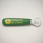 Jones Peak John Deere green hardwood bottle opener with yellow logo and text "Nothing runs like a Deere"