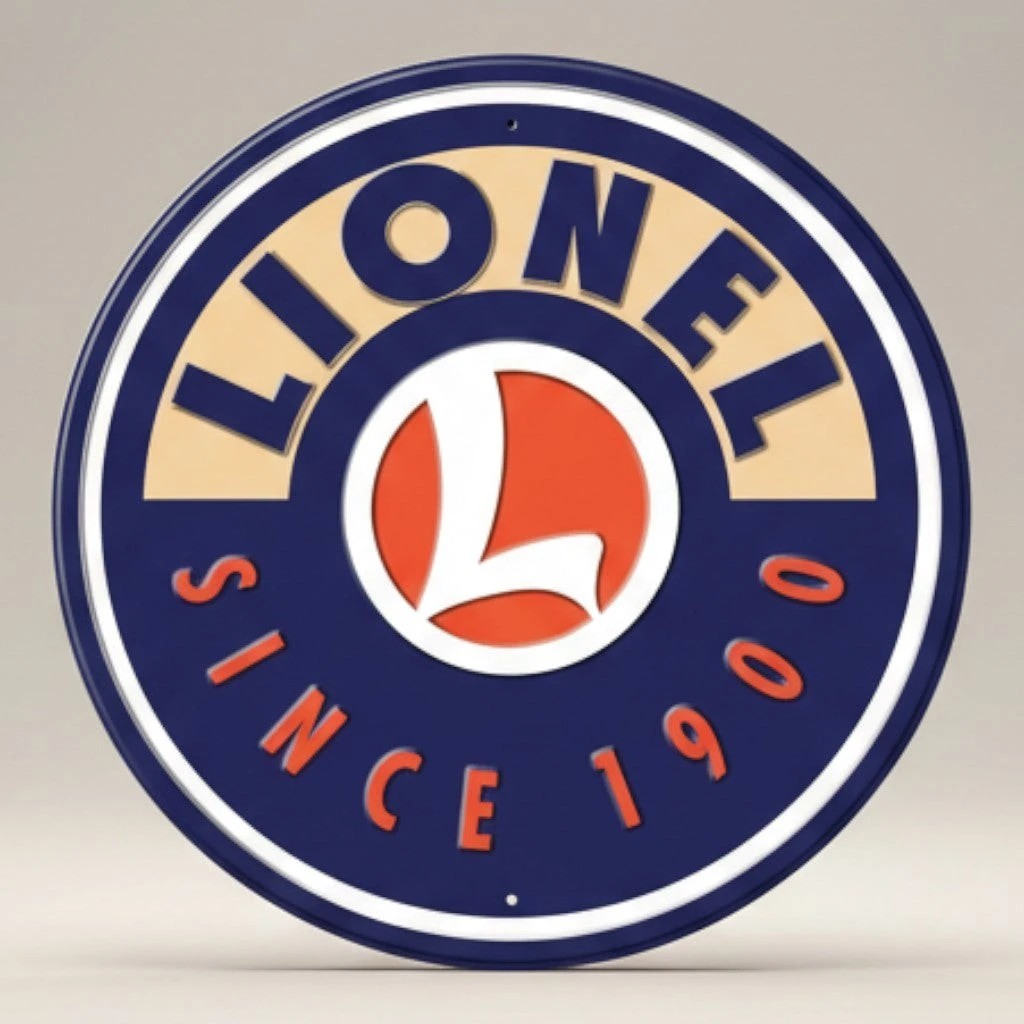 Jones Peak Lionel Logo Round Metal Sign, blue and tan with orange accents, featuring the Lionel logo and "Since 1900".